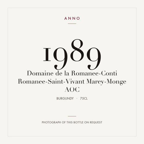Domaine de la Romanee-Conti Romanee-Saint-Vivant Marey-Monge 1989 AOC 0,75l from Burgundy — ANNO vintage card; photograph of the actual bottle available on request