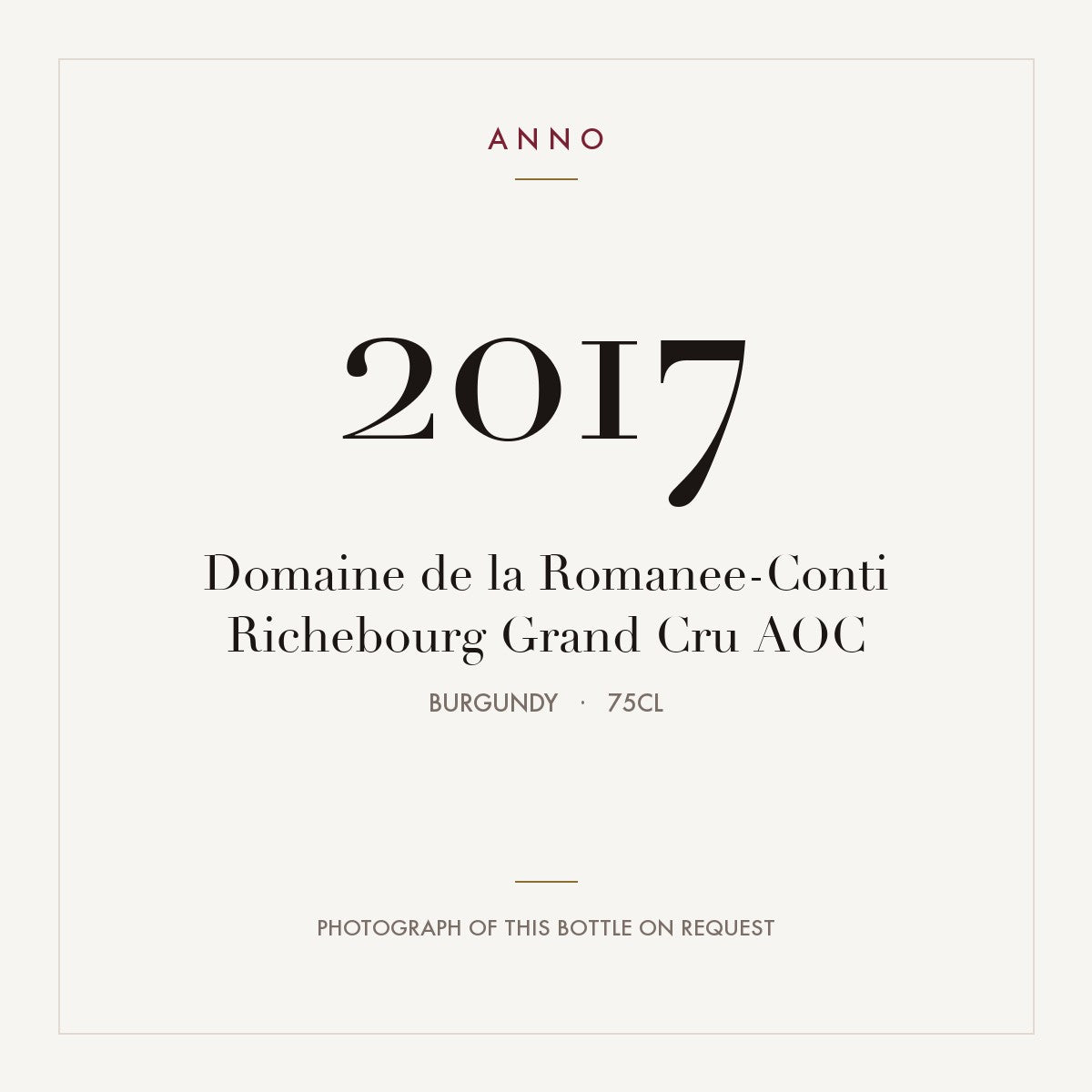 Domaine de la Romanee-Conti Richebourg Grand Cru 2017 AOC 0,75l, Borgonha — cartão de colheita ANNO; fotografia da garrafa real disponível a pedido