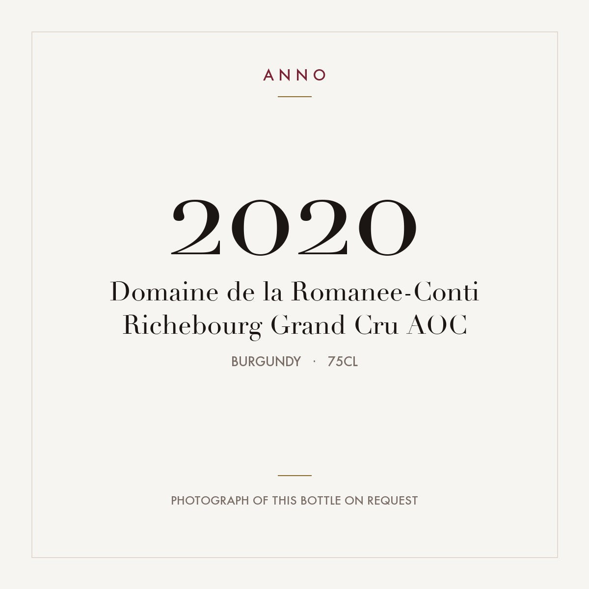 Domaine de la Romanee-Conti Richebourg Grand Cru 2020 AOC 0,75l, Borgoña — tarjeta de añada ANNO; foto de la botella real disponible bajo petición
