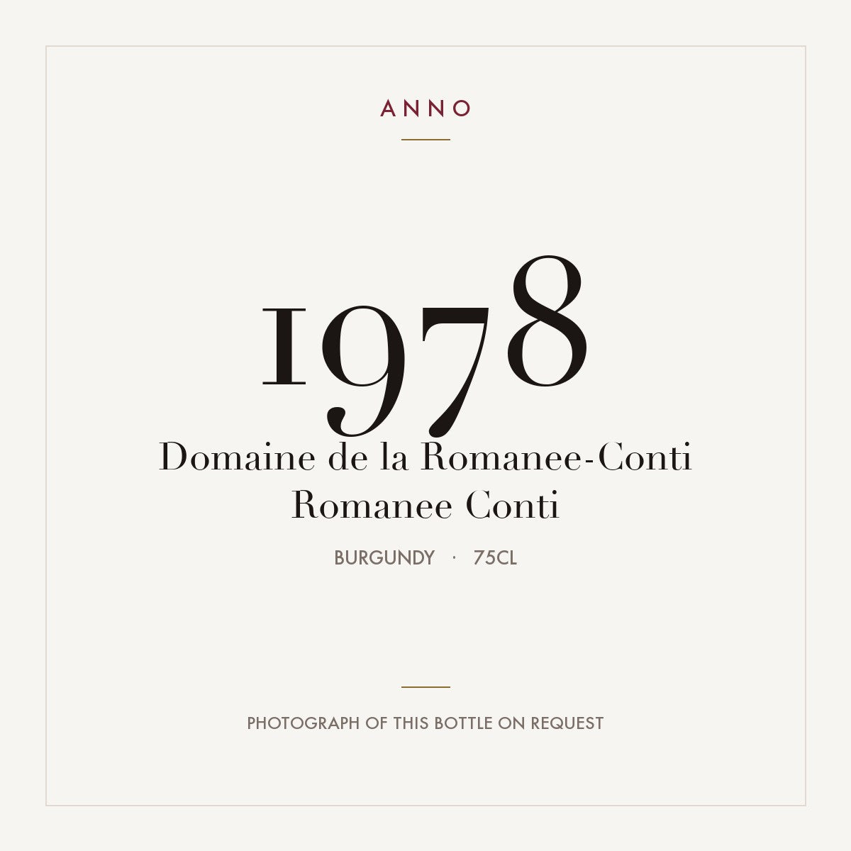 Domaine de la Romanee-Conti Romanee-Conti Grand Cru 1978 AOC 0,75l — carte millésime ANNO ; photo de la bouteille réelle disponible sur demande