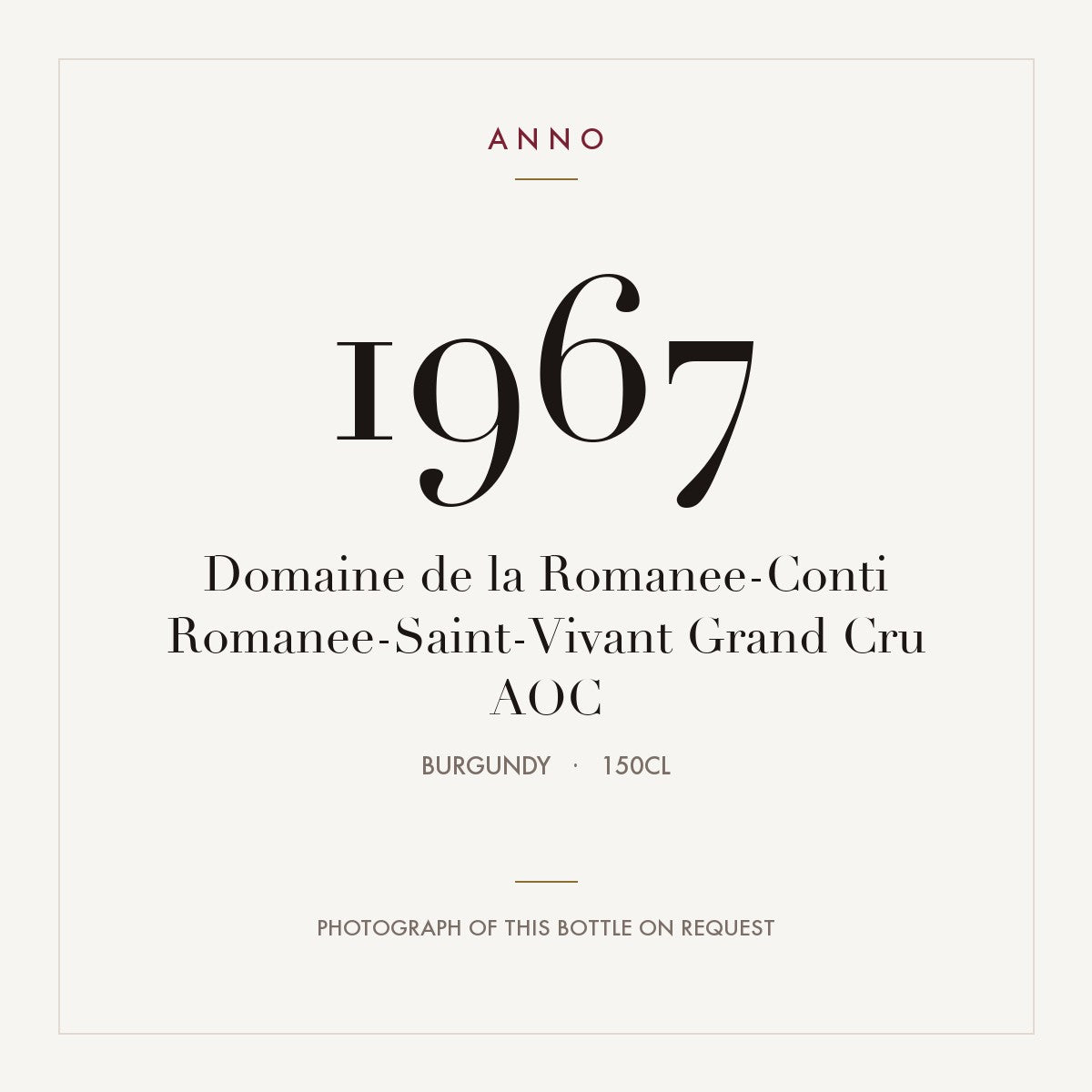Domaine de la Romanee-Conti Romanee-Saint-Vivant Grand Cru 1967 AOC 1,5l, Borgonha — cartão de colheita ANNO; fotografia da garrafa real disponível a pedido