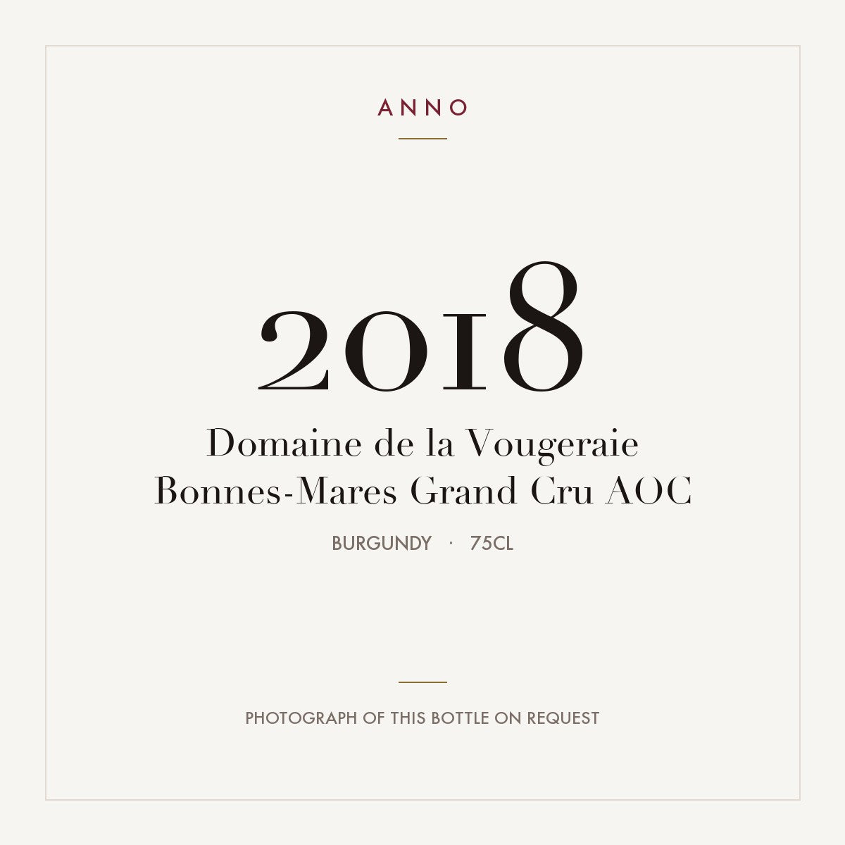 Domaine de la Vougeraie Bonnes-Mares Grand Cru 2018 AOC 0,75l, Бургундия — карточка урожая ANNO; фото настоящей бутылки по запросу