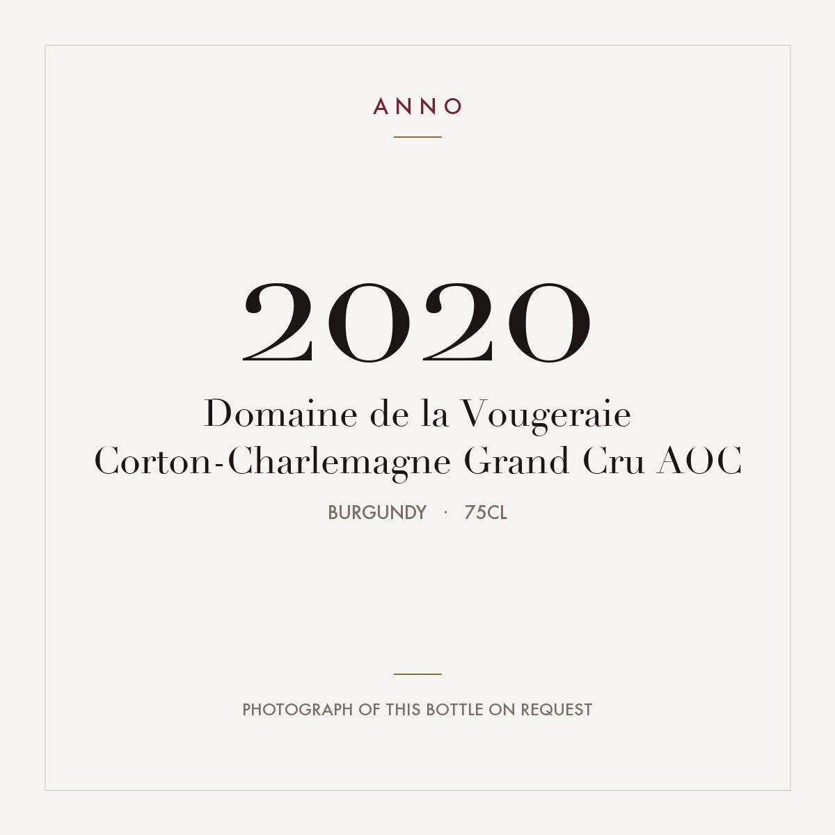 Domaine de la Vougeraie Corton-Charlemagne Grand Cru 2020 AOC 0,75l, Burgund — ANNO-Jahrgangskarte; Foto der tatsächlichen Flasche auf Anfrage