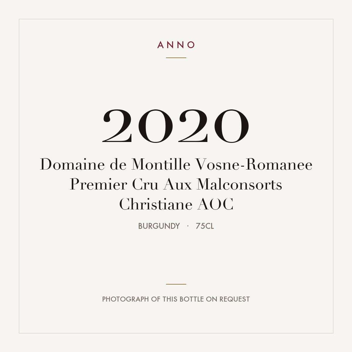 Domaine de Montille Vosne-Romanee Premier Cru Aux Malconsorts Christiane 2020 AOC 0,75l from Burgundy — ANNO vintage card; photograph of the actual bottle available on request