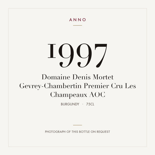 Domaine Denis Mortet Gevrey-Chambertin Premier Cru Les Champeaux 1997 AOC 0,75l, Borgoña — tarjeta de añada ANNO; foto de la botella real disponible bajo petición