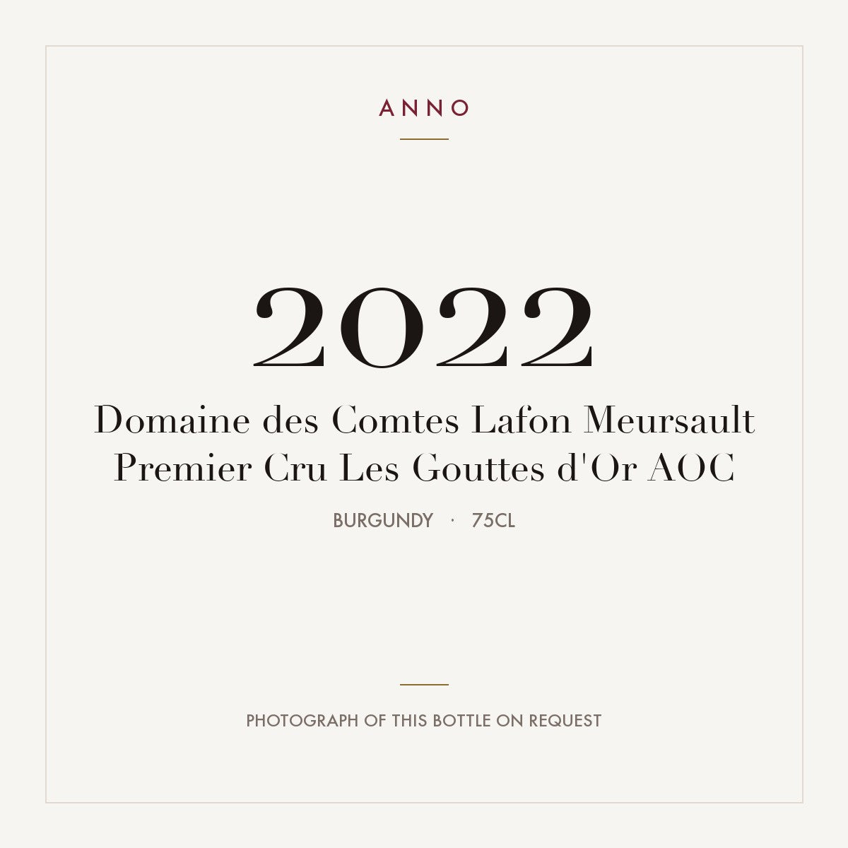 Domaine des Comtes Lafon Meursault Premier Cru Les Gouttes d'Or 2022 AOC 0,75l, Bourgogne — ANNO-jaargangkaart; foto van de echte fles op aanvraag