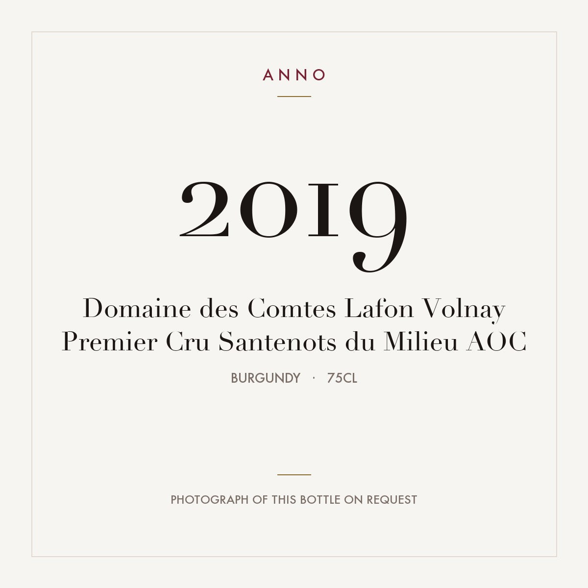 Domaine des Comtes Lafon Volnay Premier Cru Santenots du Milieu 2019 AOC 0,75l, Bourgogne — ANNO-årgangskort; foto af den faktiske flaske på forespørgsel
