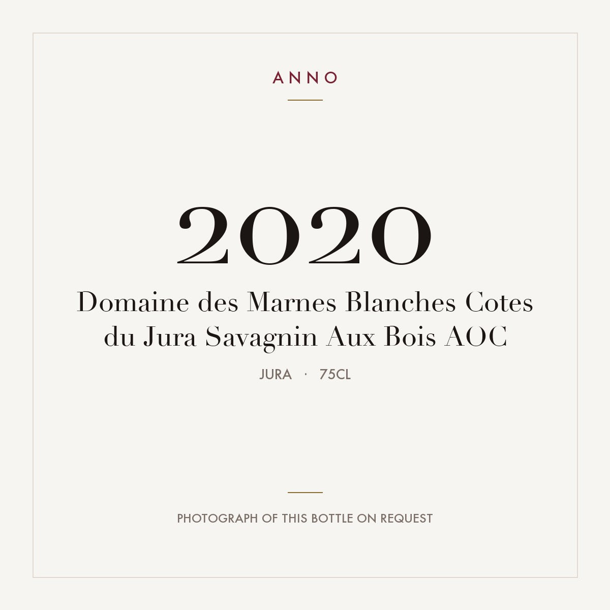 Domaine des Marnes Blanches Cotes du Jura Savagnin Aux Bois 2020 AOC 0,75l, Jura — ANNO-årgangskort; foto af den faktiske flaske på forespørgsel