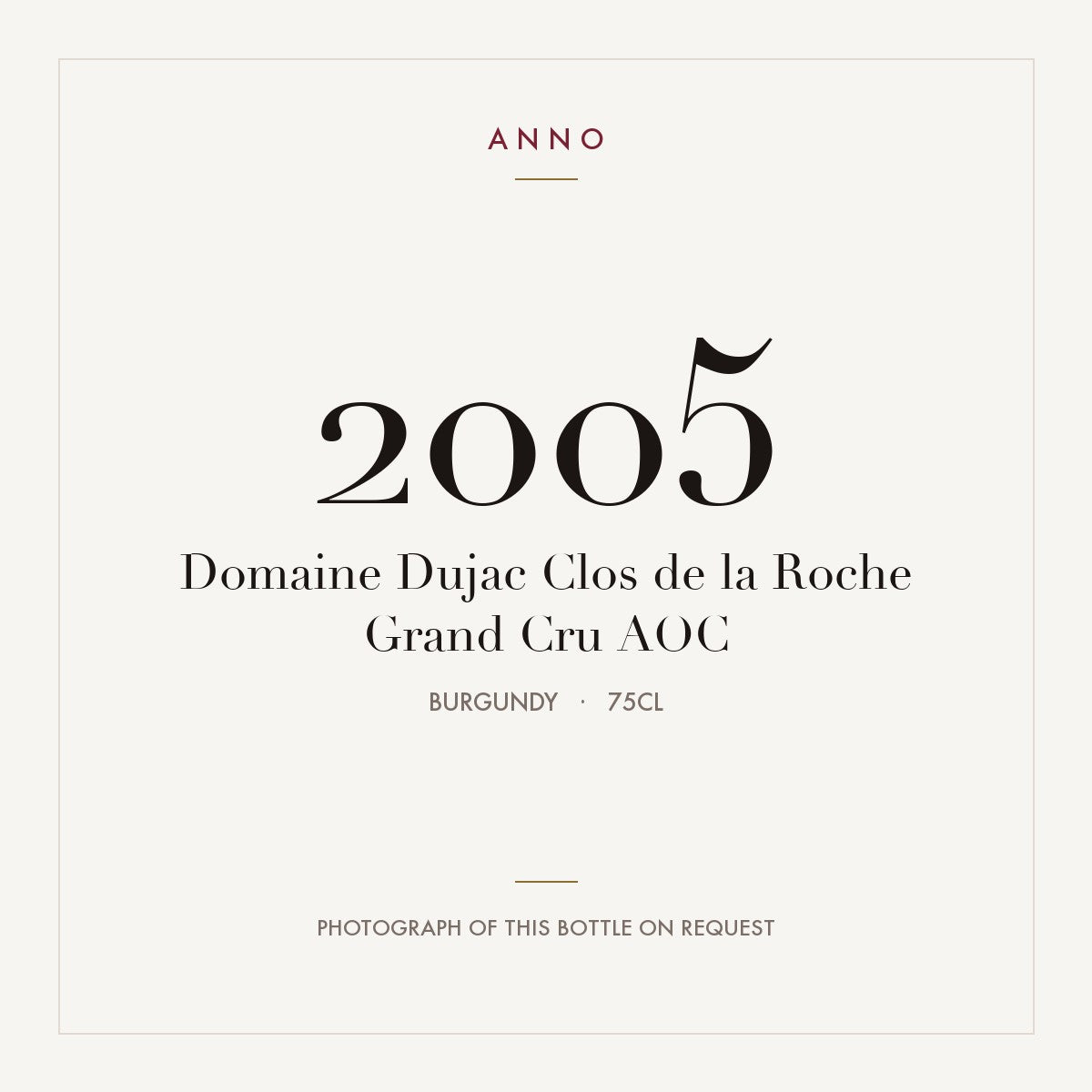 Domaine Dujac Clos de la Roche Grand Cru 2005 AOC 0,75l, Bourgogne — carte millésime ANNO ; photo de la bouteille réelle disponible sur demande