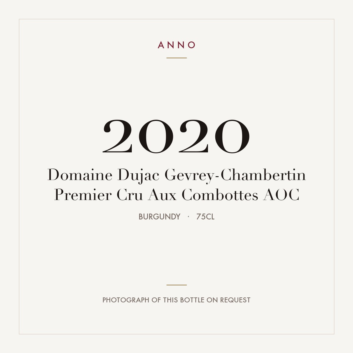 Domaine Dujac Gevrey-Chambertin Premier Cru Aux Combottes 2020 AOC 0,75l, ブルゴーニュ — ANNOヴィンテージカード。実際のボトルの写真はご要望に応じてご用意します
