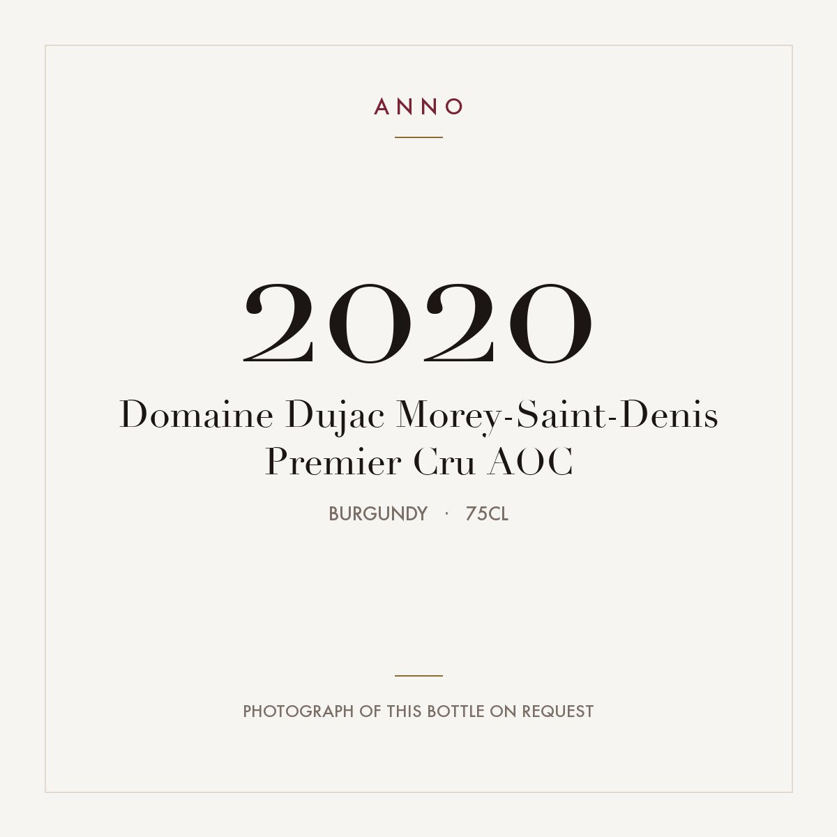 Domaine Dujac Morey-Saint-Denis Premier Cru 2020 AOC 0,75l from Burgundy — ANNO vintage card; photograph of the actual bottle available on request