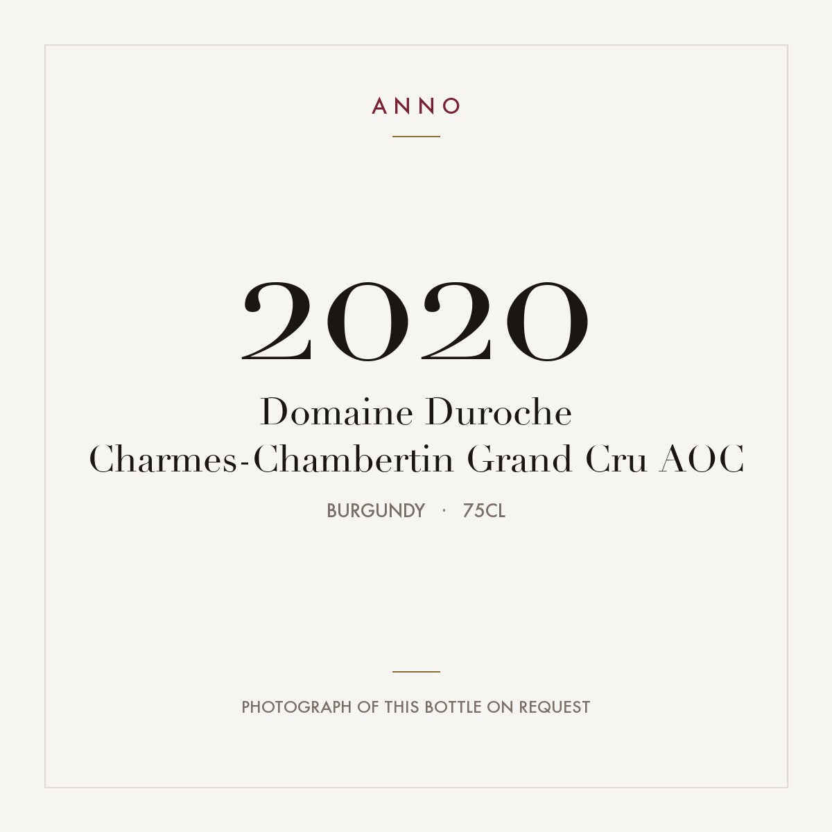 Domaine Duroche Charmes-Chambertin Grand Cru 2020 AOC 0,75l, Borgogna — card dell'annata ANNO; foto della bottiglia reale disponibile su richiesta