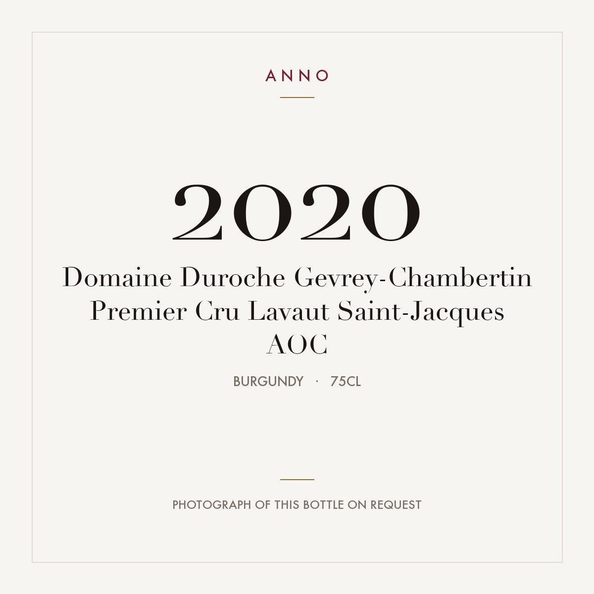 Domaine Duroche Gevrey-Chambertin Premier Cru Lavaut Saint-Jacques 2020 AOC 0,75l, Borgogna — card dell'annata ANNO; foto della bottiglia reale disponibile su richiesta
