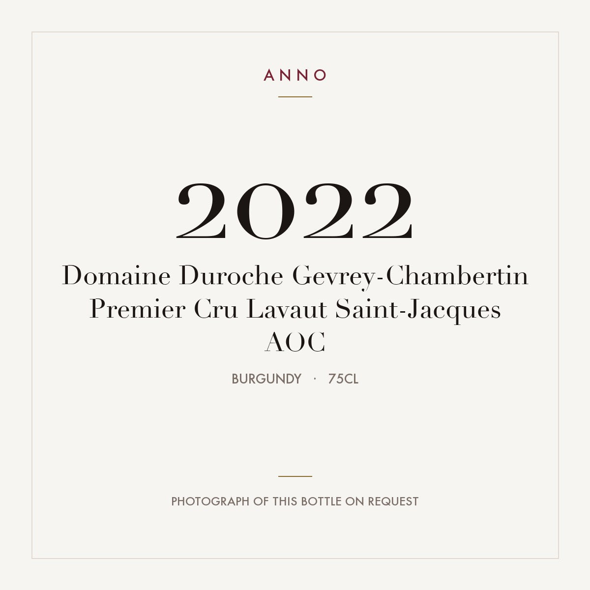 Domaine Duroche Gevrey-Chambertin Premier Cru Lavaut Saint-Jacques 2022 AOC 0,75l, Bourgogne — ANNO-årgangskort; foto af den faktiske flaske på forespørgsel