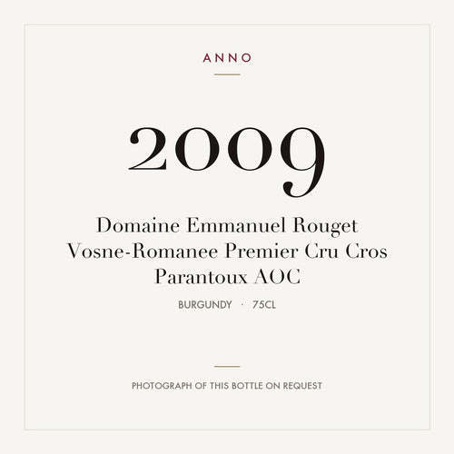 Domaine Emmanuel Rouget Vosne-Romanee Premier Cru Cros Parantoux 2009 AOC 0,75l, Bourgogne — carte millésime ANNO ; photo de la bouteille réelle disponible sur demande