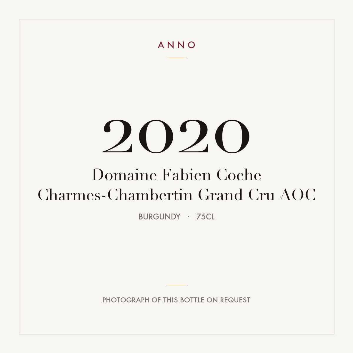 Domaine Fabien Coche Charmes-Chambertin Grand Cru 2020 AOC 0,75l, Bourgogne — ANNO-årgangskort; foto af den faktiske flaske på forespørgsel