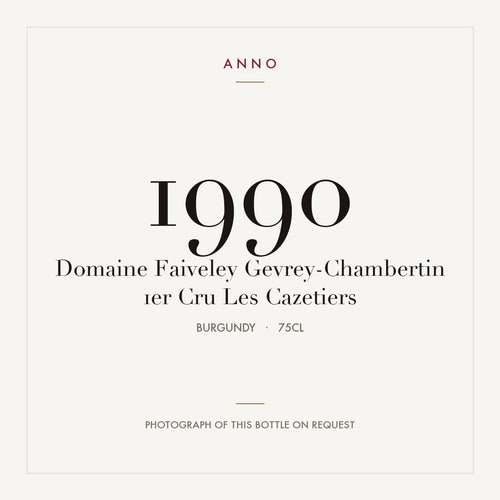 Domaine Faiveley Gevrey-Chambertin Premier Cru Les Cazetiers 1990 AOC 0,75l — carte millésime ANNO ; photo de la bouteille réelle disponible sur demande