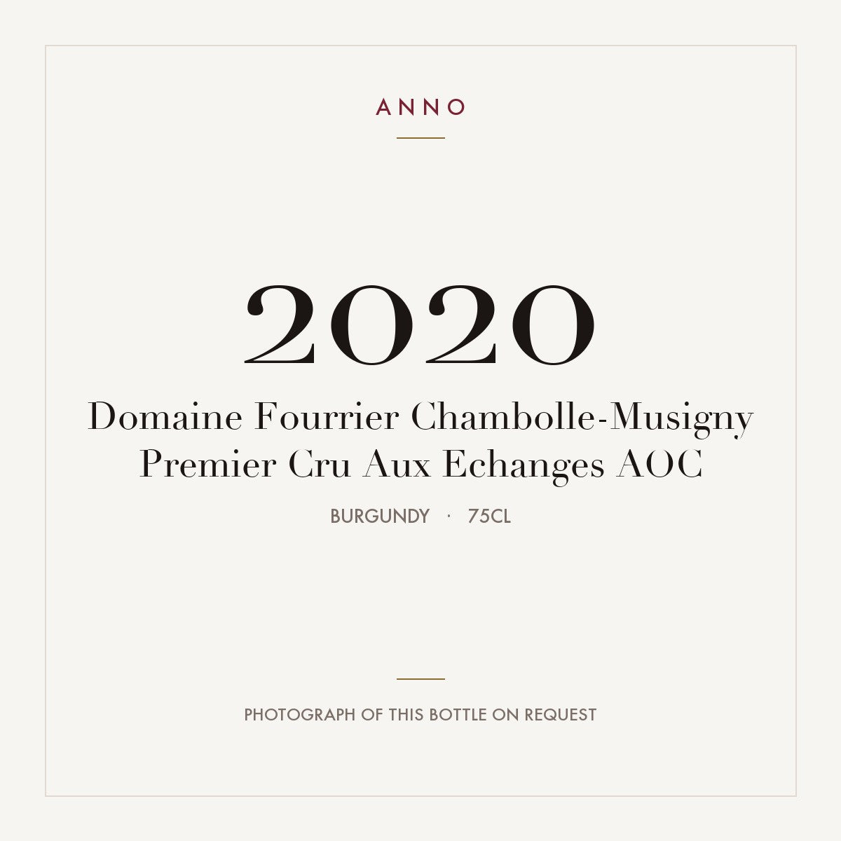 Domaine Fourrier Chambolle-Musigny Premier Cru Aux Echanges 2020 AOC 0,75l, ブルゴーニュ — ANNOヴィンテージカード。実際のボトルの写真はご要望に応じてご用意します