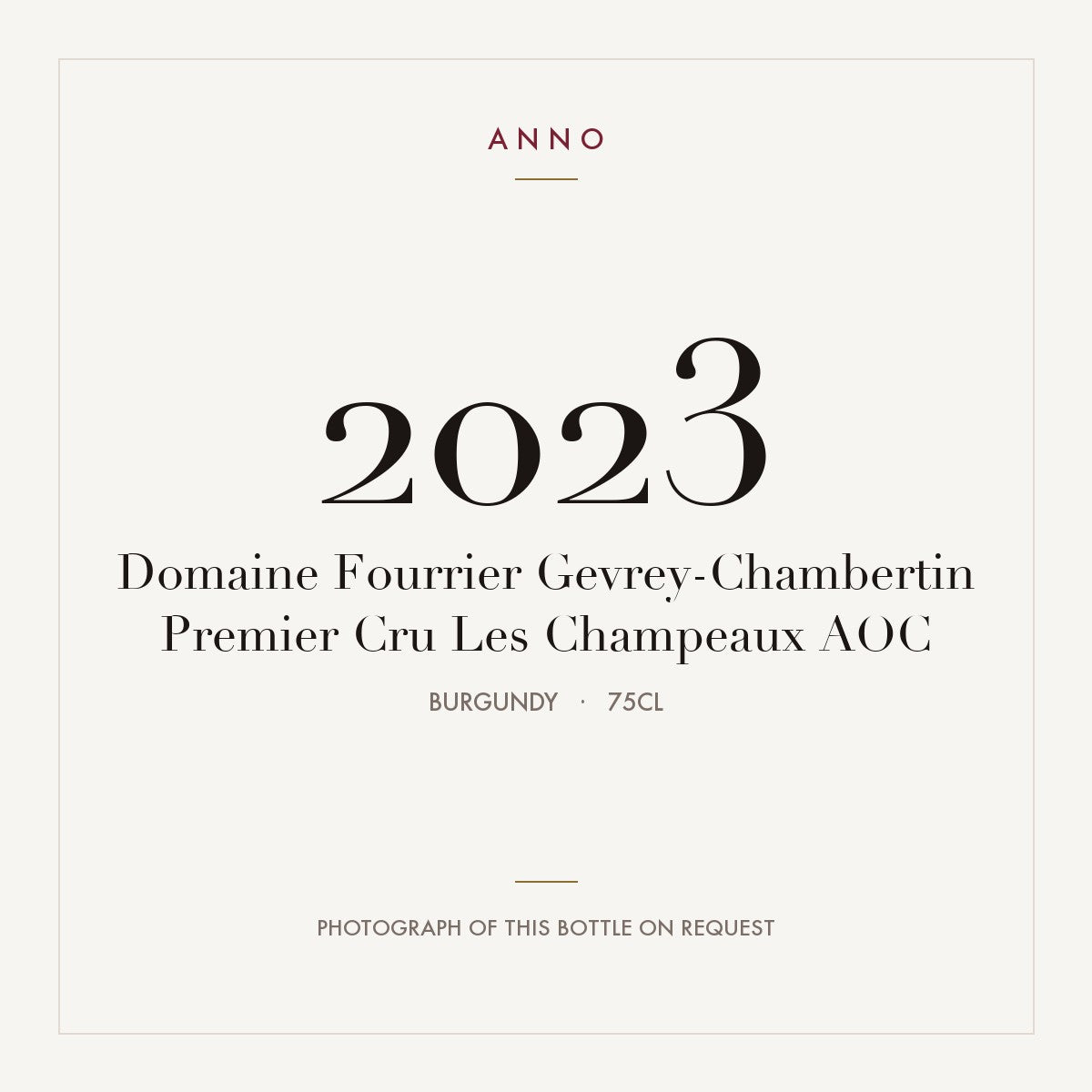 Domaine Fourrier Gevrey-Chambertin Premier Cru Les Champeaux 2023 AOC 0,75l, Borgonha — cartão de colheita ANNO; fotografia da garrafa real disponível a pedido
