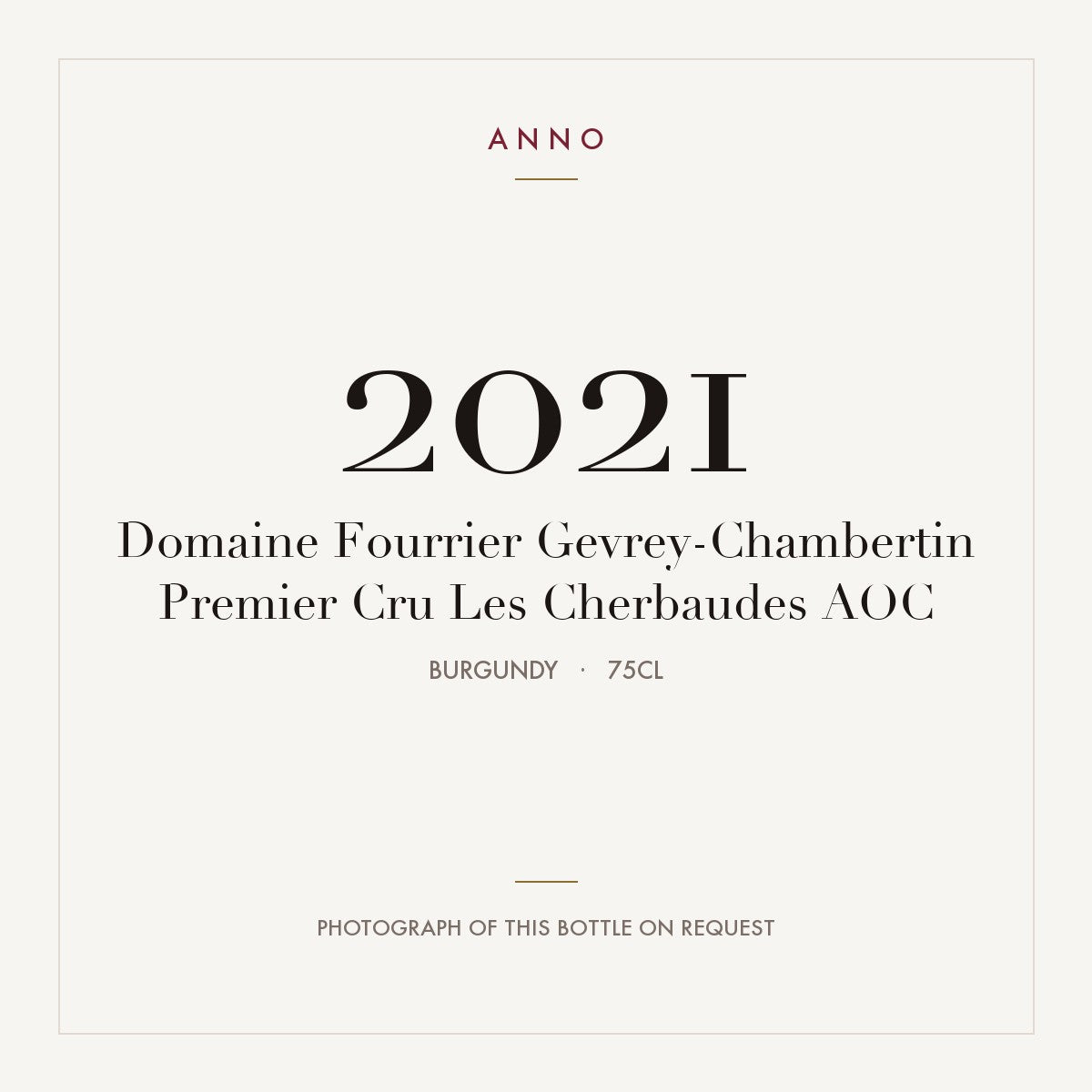 Domaine Fourrier Gevrey-Chambertin Premier Cru Les Cherbaudes 2021 AOC 0,75l, Bourgogne — ANNO-årgangskort; foto af den faktiske flaske på forespørgsel