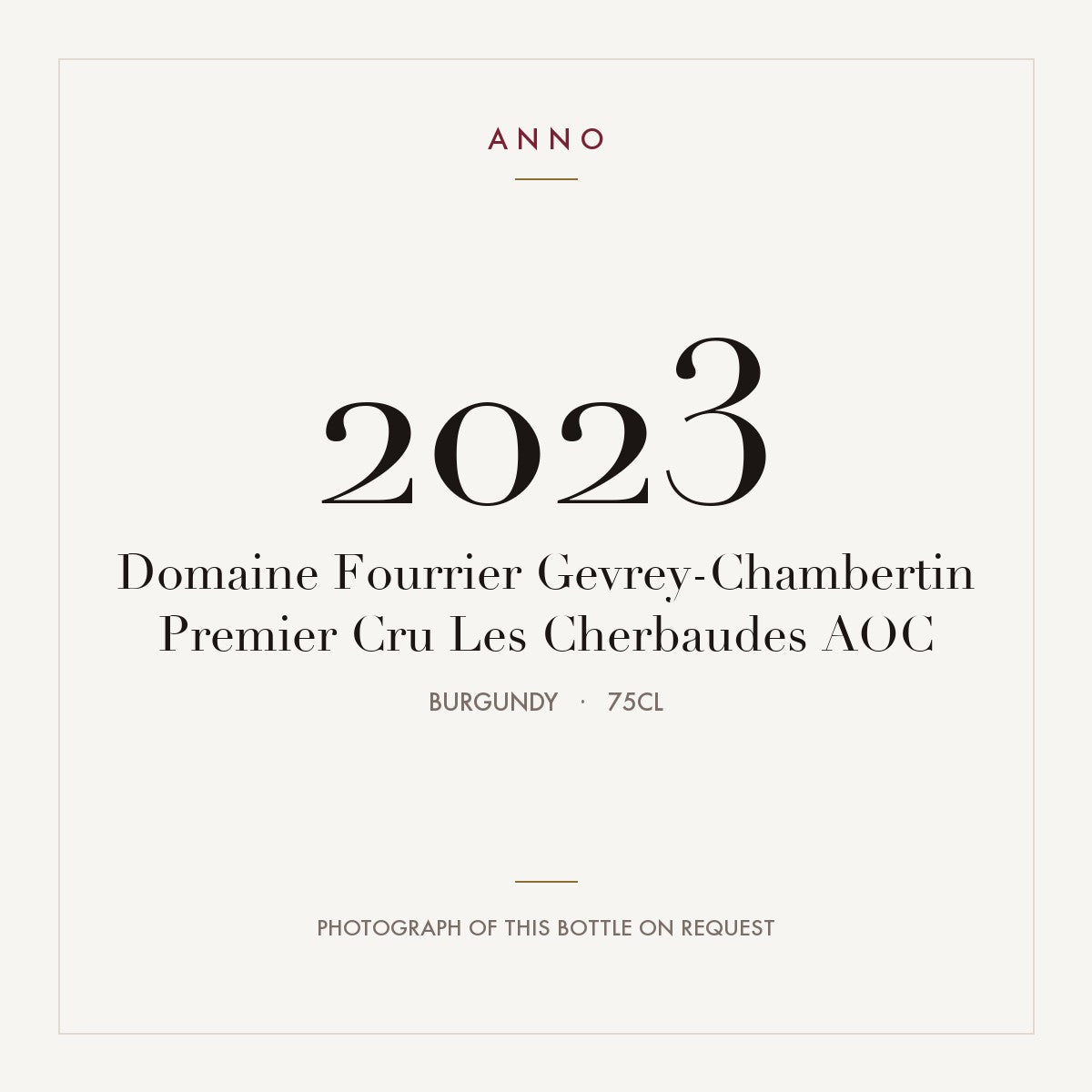 Domaine Fourrier Gevrey-Chambertin Premier Cru Les Cherbaudes 2023 AOC 0,75l, 勃根地 — ANNO 年份卡；實際酒瓶照片可應要求提供