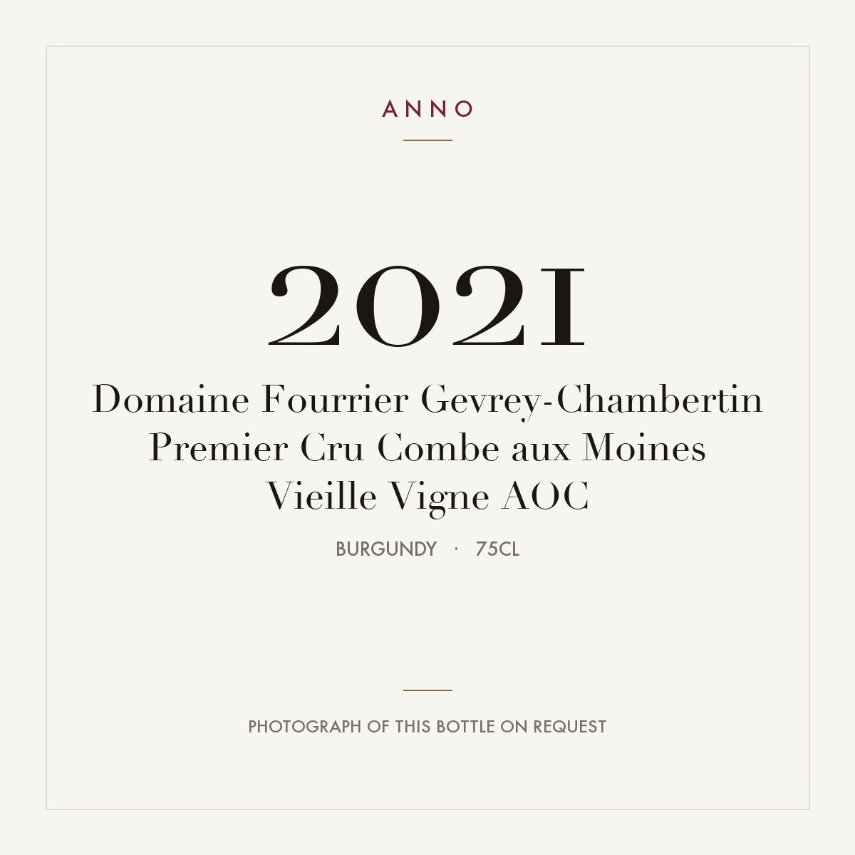 Domaine Fourrier Gevrey-Chambertin Premier Cru Combe aux Moines Vieille Vigne 2021 AOC 0,75l, ブルゴーニュ — ANNOヴィンテージカード。実際のボトルの写真はご要望に応じてご用意します