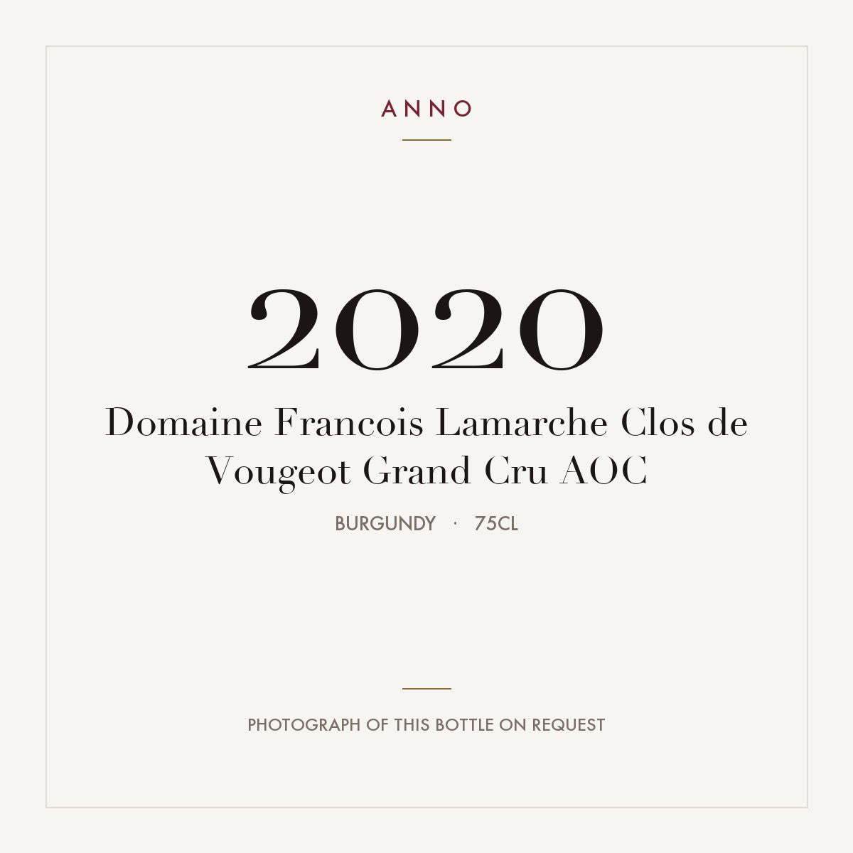 Domaine Francois Lamarche Clos de Vougeot Grand Cru 2020 AOC 0,75l, Borgonha — cartão de colheita ANNO; fotografia da garrafa real disponível a pedido