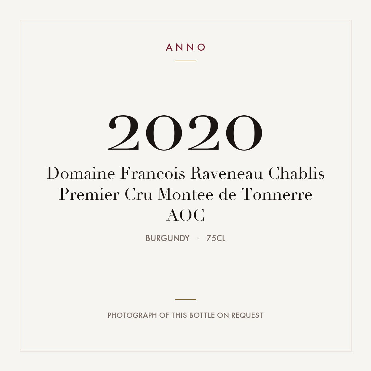 Domaine Francois Raveneau Chablis Premier Cru Montee de Tonnerre 2020 AOC 0,75l, Bourgogne — ANNO-årgangskort; foto af den faktiske flaske på forespørgsel
