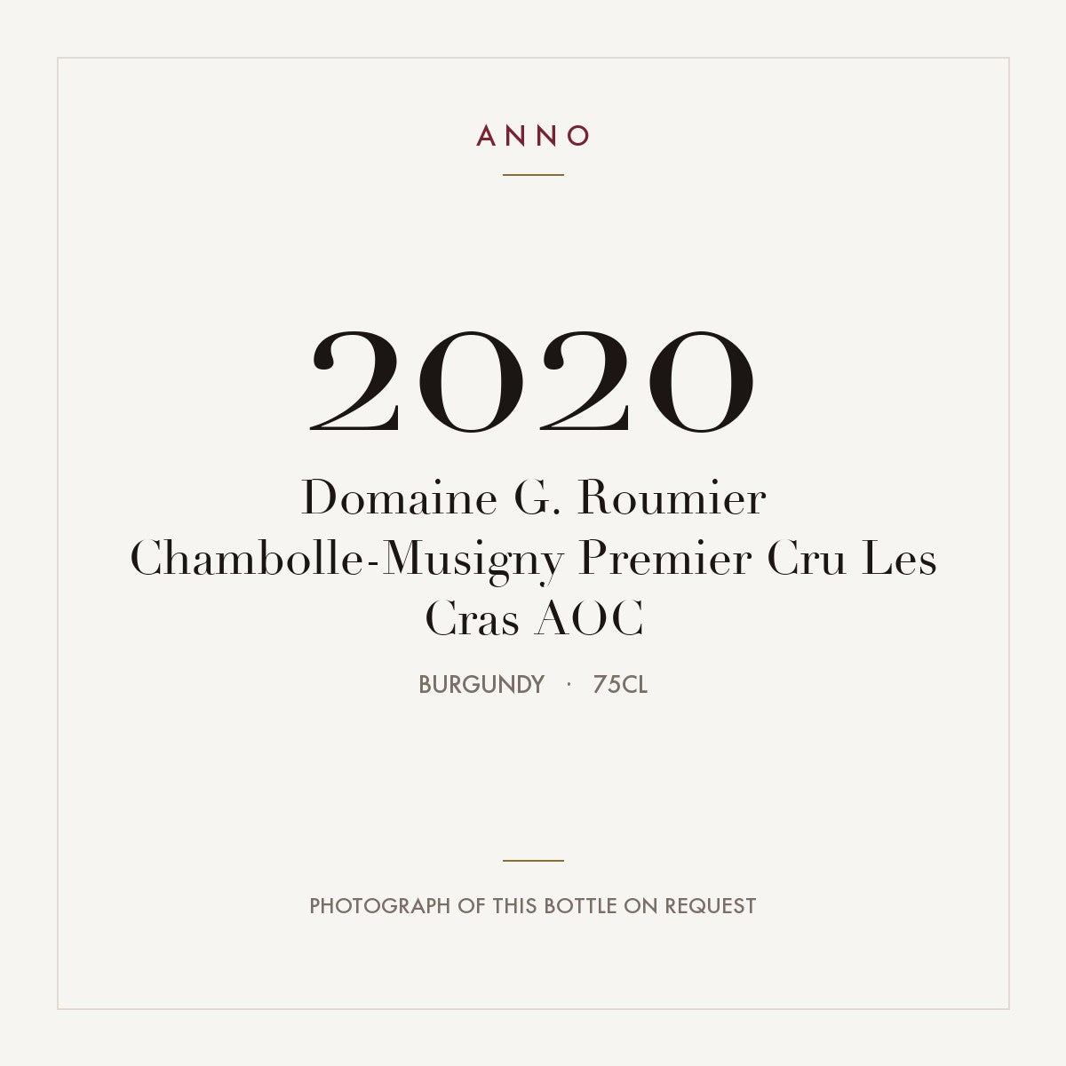 Domaine G. Roumier Chambolle-Musigny Premier Cru Les Cras 2020 AOC 0,75l, Bourgogne — ANNO-årgangskort; foto af den faktiske flaske på forespørgsel