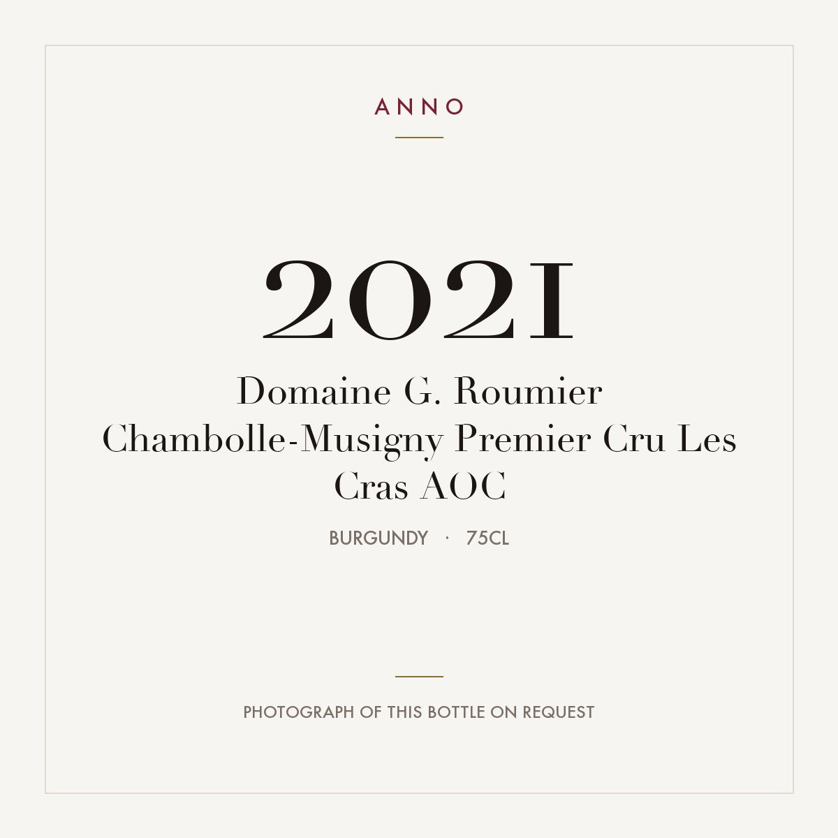 Domaine G. Roumier Chambolle-Musigny Premier Cru Les Cras 2021 AOC 0,75l, Borgonha — cartão de colheita ANNO; fotografia da garrafa real disponível a pedido