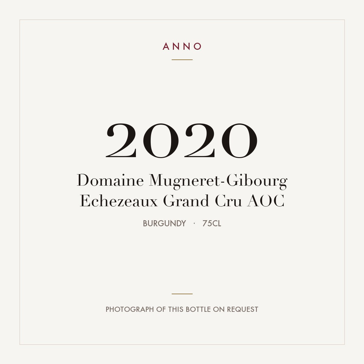 Domaine Mugneret-Gibourg Echezeaux Grand Cru 2020 AOC 0,75l, Бургундия — карточка урожая ANNO; фото настоящей бутылки по запросу