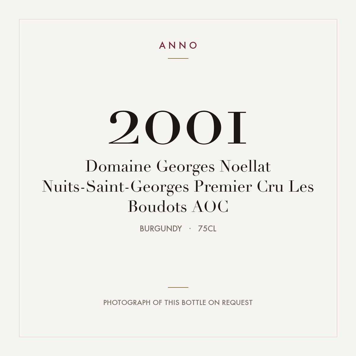 Domaine Georges Noellat Nuits-Saint-Georges Premier Cru Les Boudots 2001 AOC 0,75l, Burgund — ANNO-Jahrgangskarte; Foto der tatsächlichen Flasche auf Anfrage