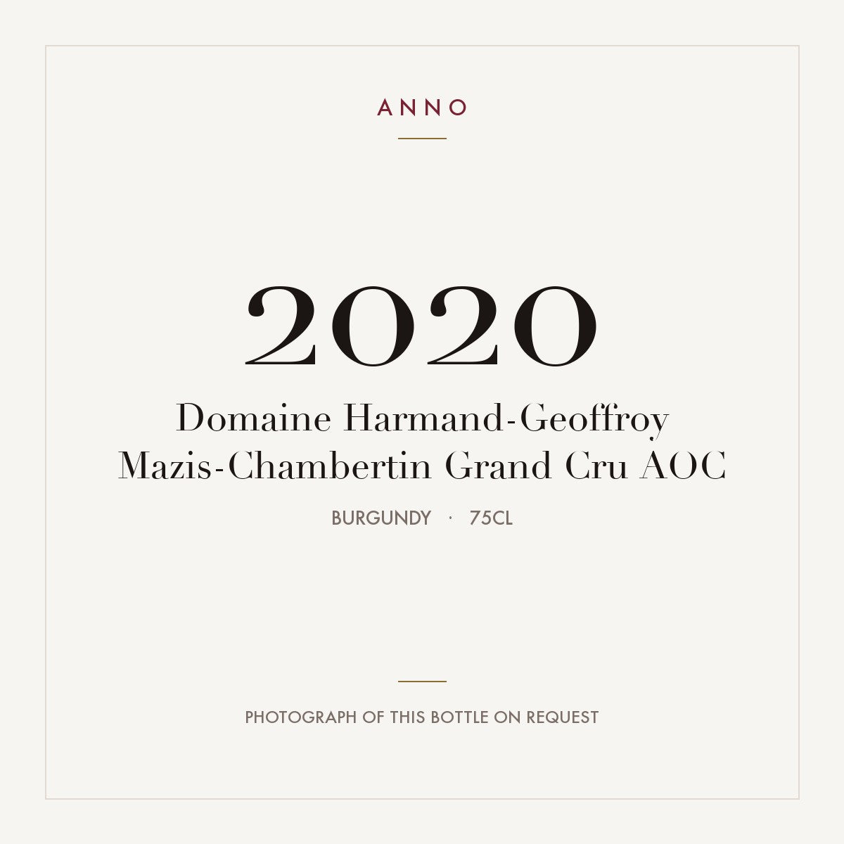 Domaine Harmand-Geoffroy Mazis-Chambertin Grand Cru 2020 AOC 0,75l, Burgund — ANNO-Jahrgangskarte; Foto der tatsächlichen Flasche auf Anfrage