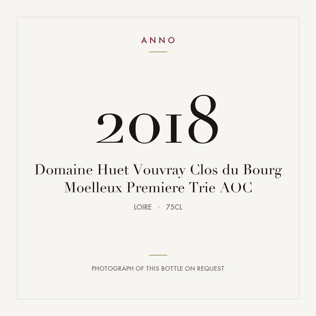 Domaine Huet Vouvray Clos du Bourg Moelleux Premiere Trie 2018 AOC 0,75l from Loire — ANNO vintage card; photograph of the actual bottle available on request