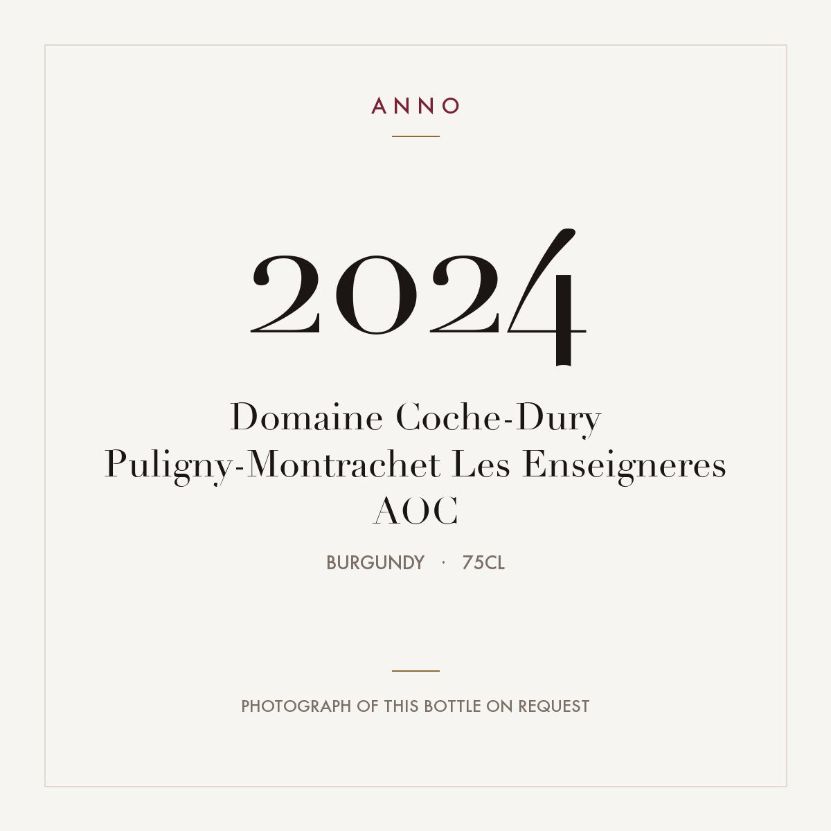 Domaine Coche-Dury Puligny-Montrachet Les Enseigneres 2024 AOC 0,75l, Borgonha — cartão de colheita ANNO; fotografia da garrafa real disponível a pedido