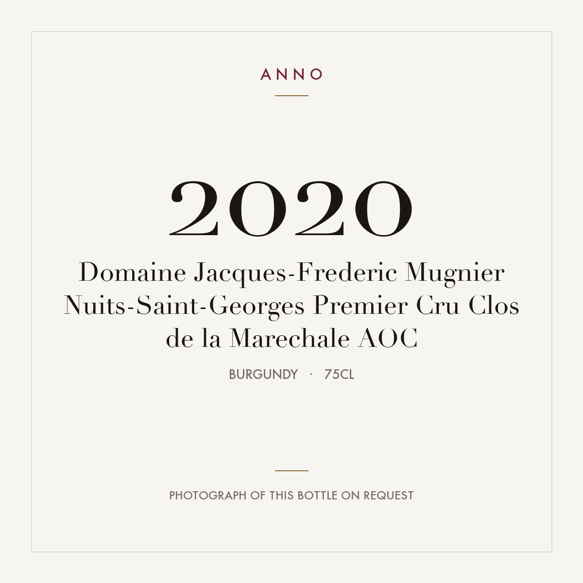 Domaine Jacques-Frederic Mugnier Nuits-Saint-Georges Premier Cru Clos de la Marechale 2020 AOC 0,75l, Bourgogne — ANNO-årgangskort; foto af den faktiske flaske på forespørgsel