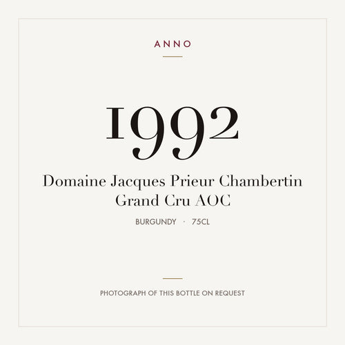 Domaine Jacques Prieur Chambertin Grand Cru 1992 AOC 0,75l, Borgoña — tarjeta de añada ANNO; foto de la botella real disponible bajo petición