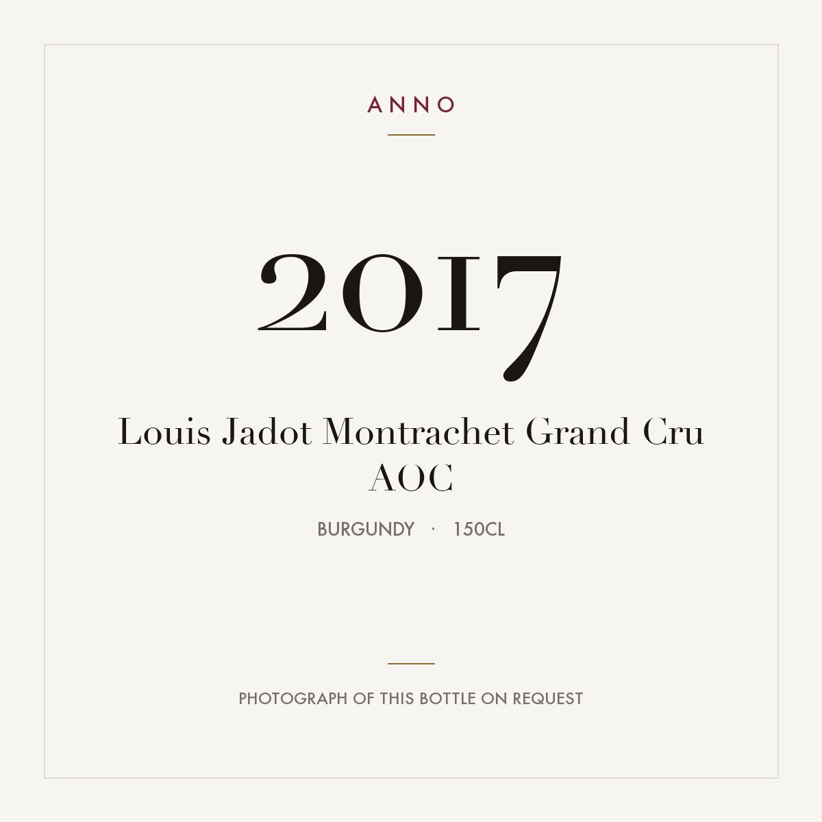 Louis Jadot Montrachet Grand Cru 2017 AOC 1,5l, Borgonha — cartão de colheita ANNO; fotografia da garrafa real disponível a pedido
