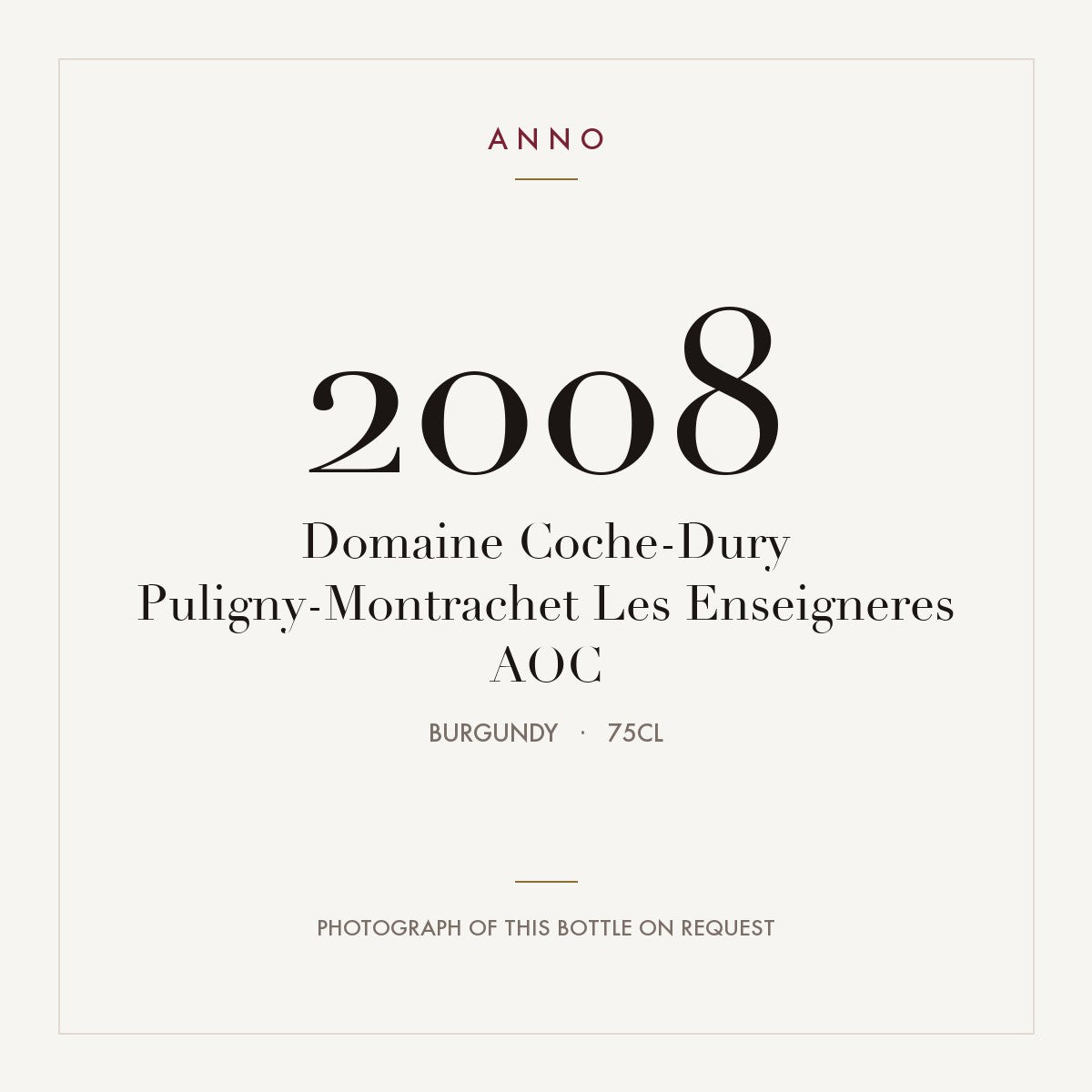 Domaine Coche-Dury Puligny-Montrachet Les Enseigneres 2008 AOC 0,75l, Borgonha — cartão de colheita ANNO; fotografia da garrafa real disponível a pedido