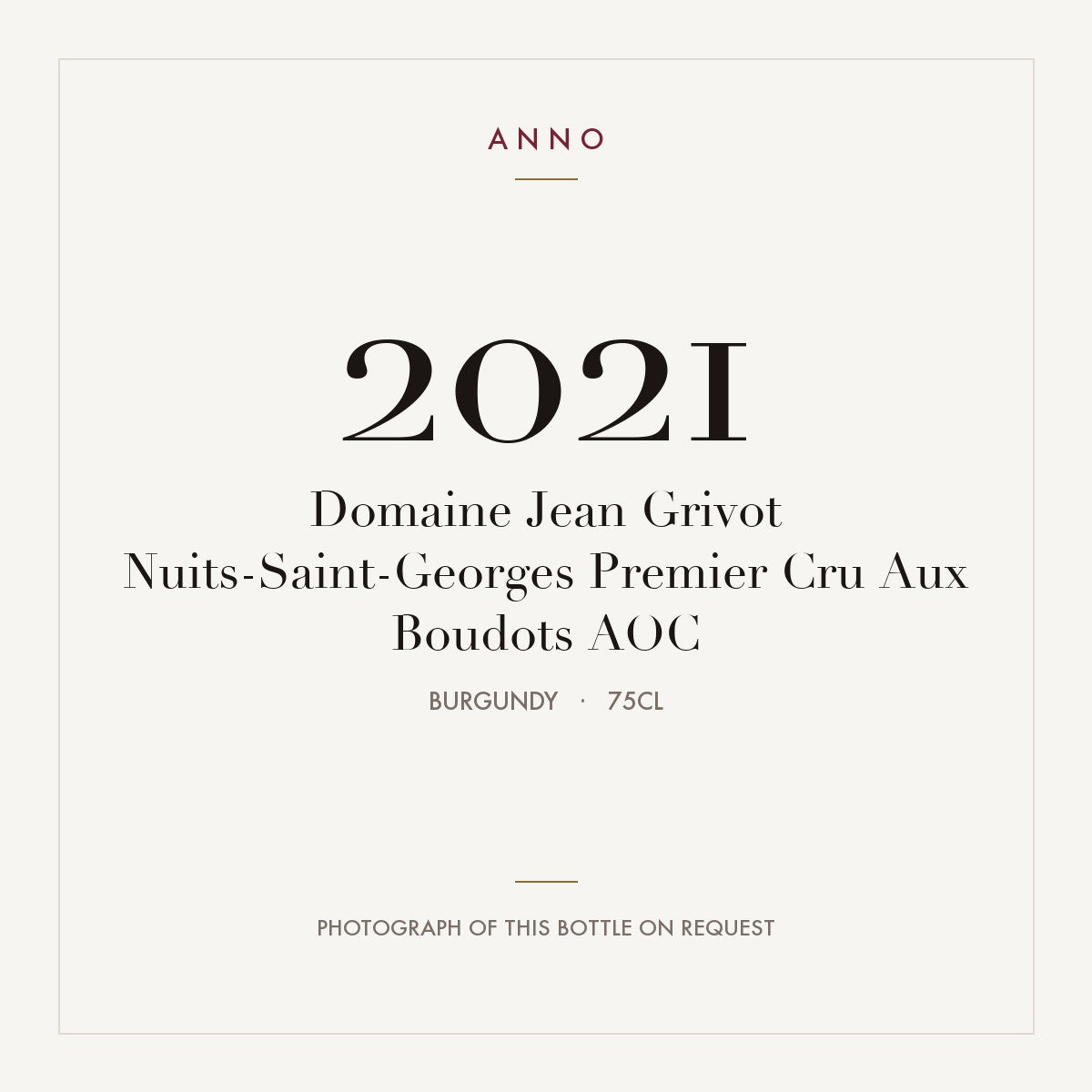 Domaine Jean Grivot Nuits-Saint-Georges Premier Cru Aux Boudots 2021 AOC 0,75l, Бургундия — карточка урожая ANNO; фото настоящей бутылки по запросу