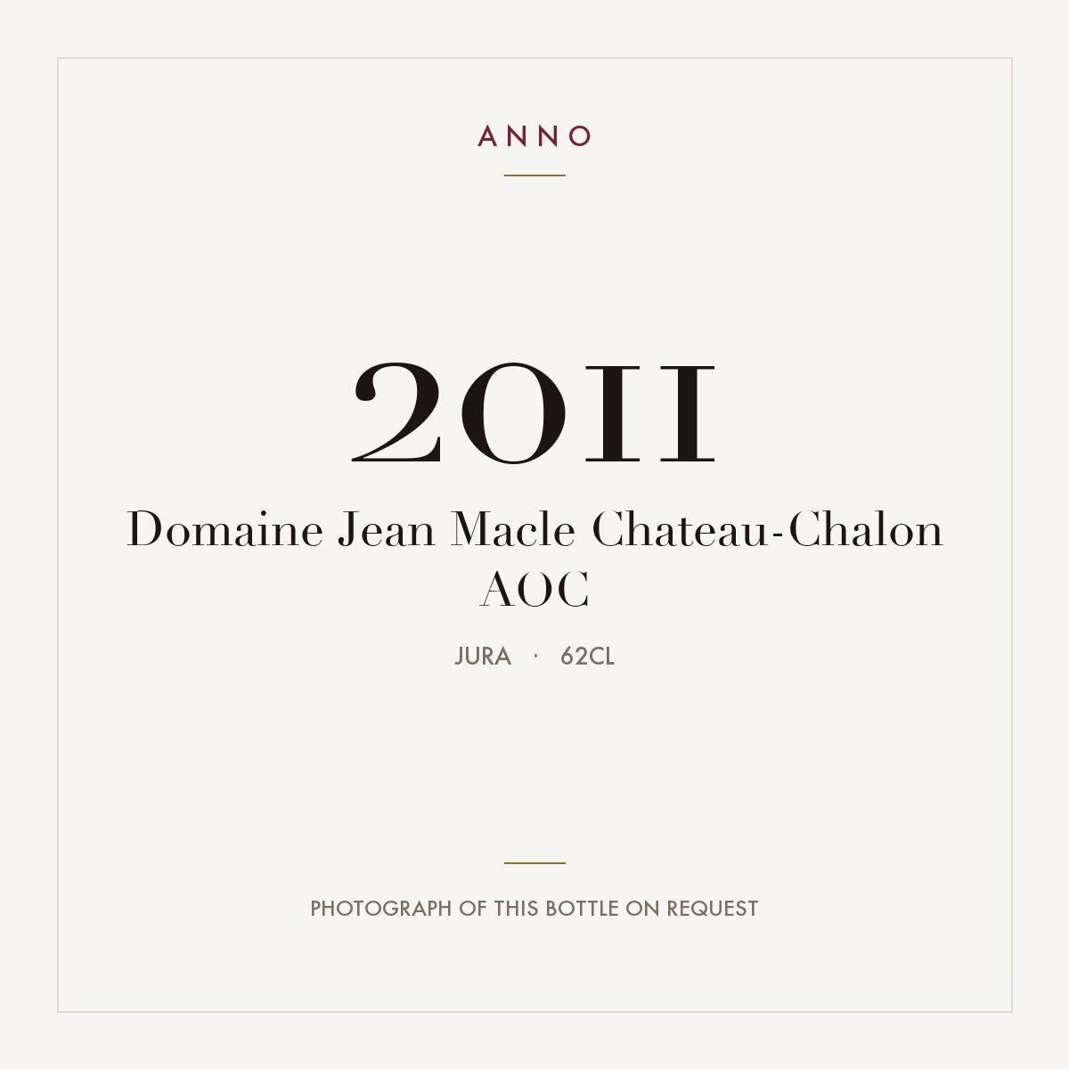 Domaine Jean Macle Chateau-Chalon 2011 AOC 0,62l, Jura — cartão de colheita ANNO; fotografia da garrafa real disponível a pedido