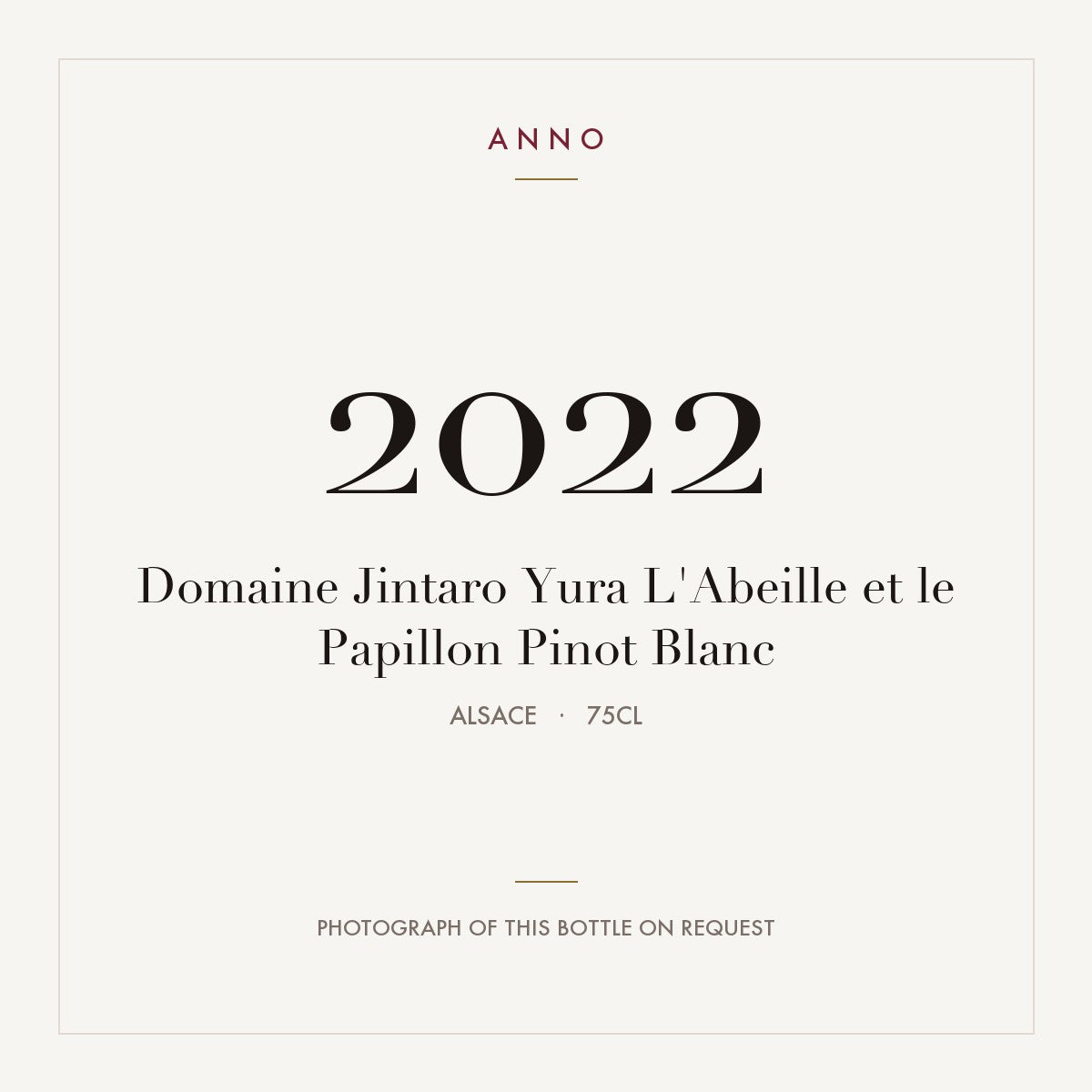 Domaine Jintaro Yura L'Abeille et le Papillon Pinot Blanc 2022 0,75l, Alsace — carte millésime ANNO ; photo de la bouteille réelle disponible sur demande