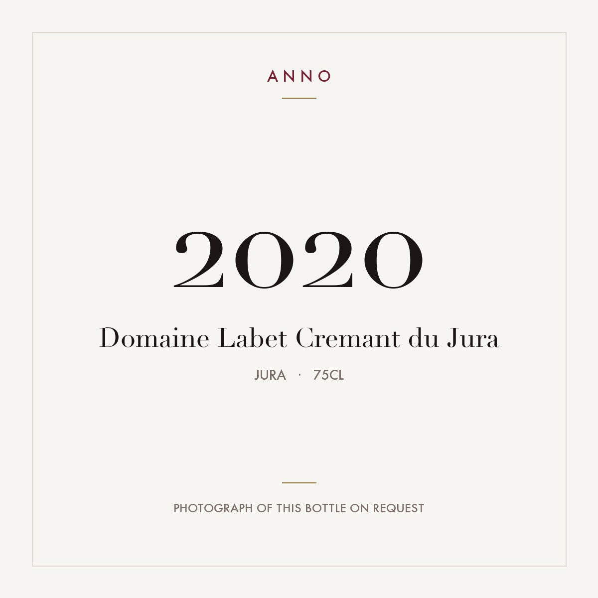 Domaine Labet Cremant du Jura 2020 AOC 0,75l — carte millésime ANNO ; photo de la bouteille réelle disponible sur demande