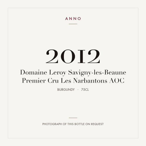 Domaine Leroy Savigny-les-Beaune Premier Cru Les Narbantons 2012 AOC 0,75l, Bourgogne — ANNO-årgangskort; foto af den faktiske flaske på forespørgsel