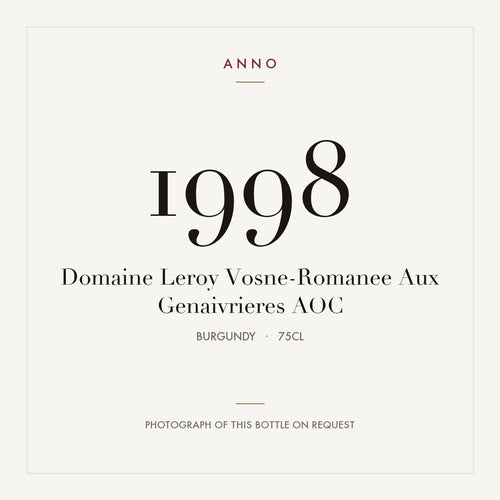 Domaine Leroy Vosne-Romanee Aux Genaivrieres 1998 AOC 0,75l, 勃根地 — ANNO 年份卡；實際酒瓶照片可應要求提供