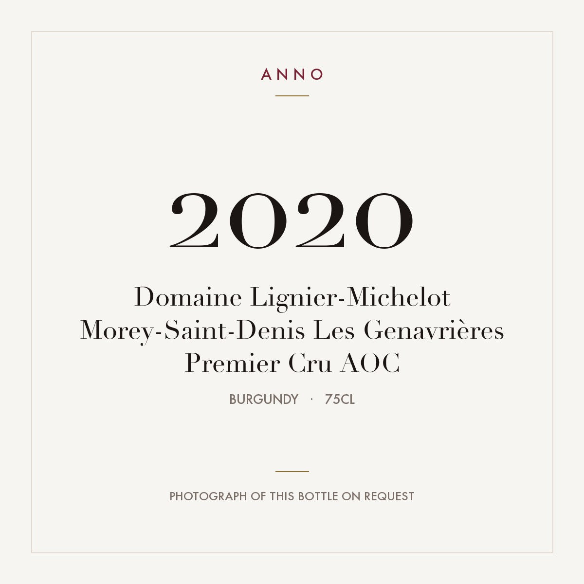 Domaine Lignier-Michelot Morey-Saint-Denis Premier Cru Les Genavrieres 2020 AOC 0,75l — ANNO vintage card; photograph of the actual bottle available on request