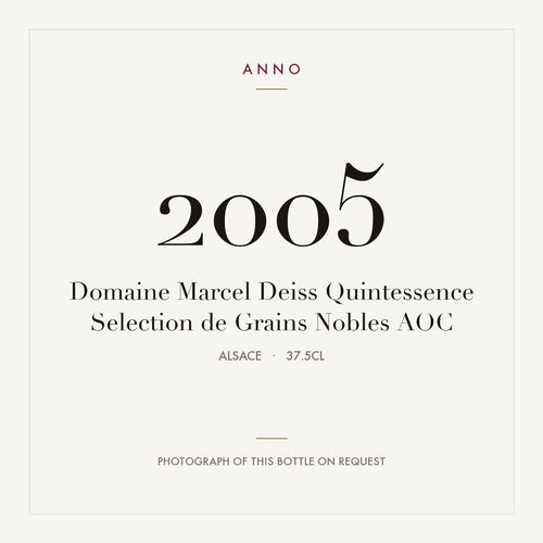 Domaine Marcel Deiss Quintessence Selection de Grains Nobles 2005 AOC 0,375l from Alsace — ANNO vintage card; photograph of the actual bottle available on request