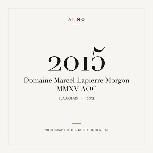 Domaine Marcel Lapierre Morgon MMXV 2015 AOC 1,5l, Beaujolais — cartão de colheita ANNO; fotografia da garrafa real disponível a pedido