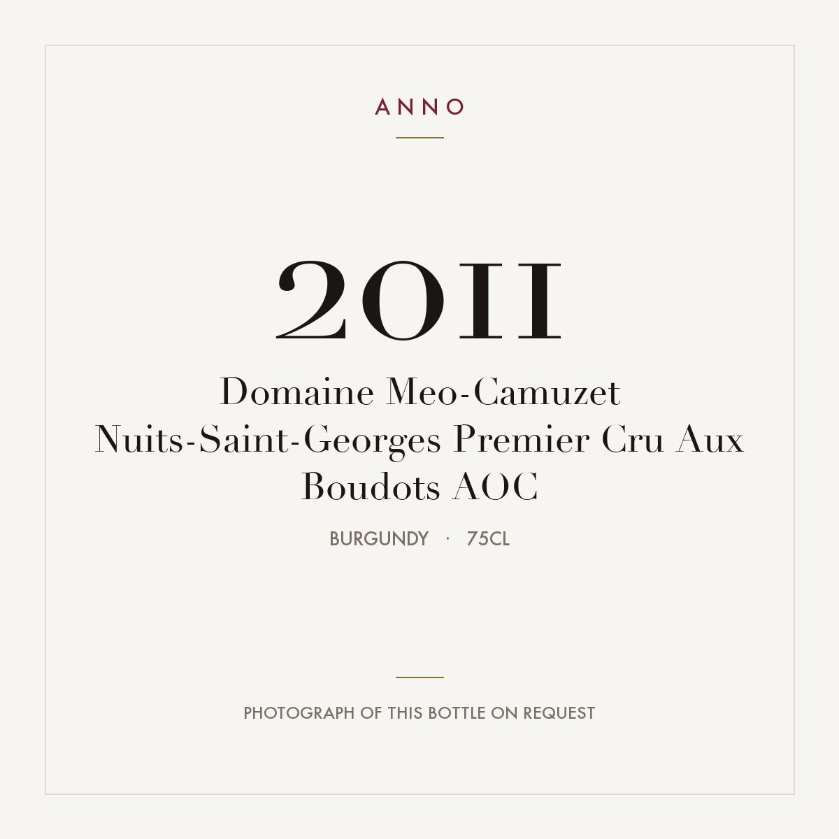 Domaine Meo-Camuzet Nuits-Saint-Georges Premier Cru Aux Boudots 2011 AOC 0,75l, Borgonha — cartão de colheita ANNO; fotografia da garrafa real disponível a pedido