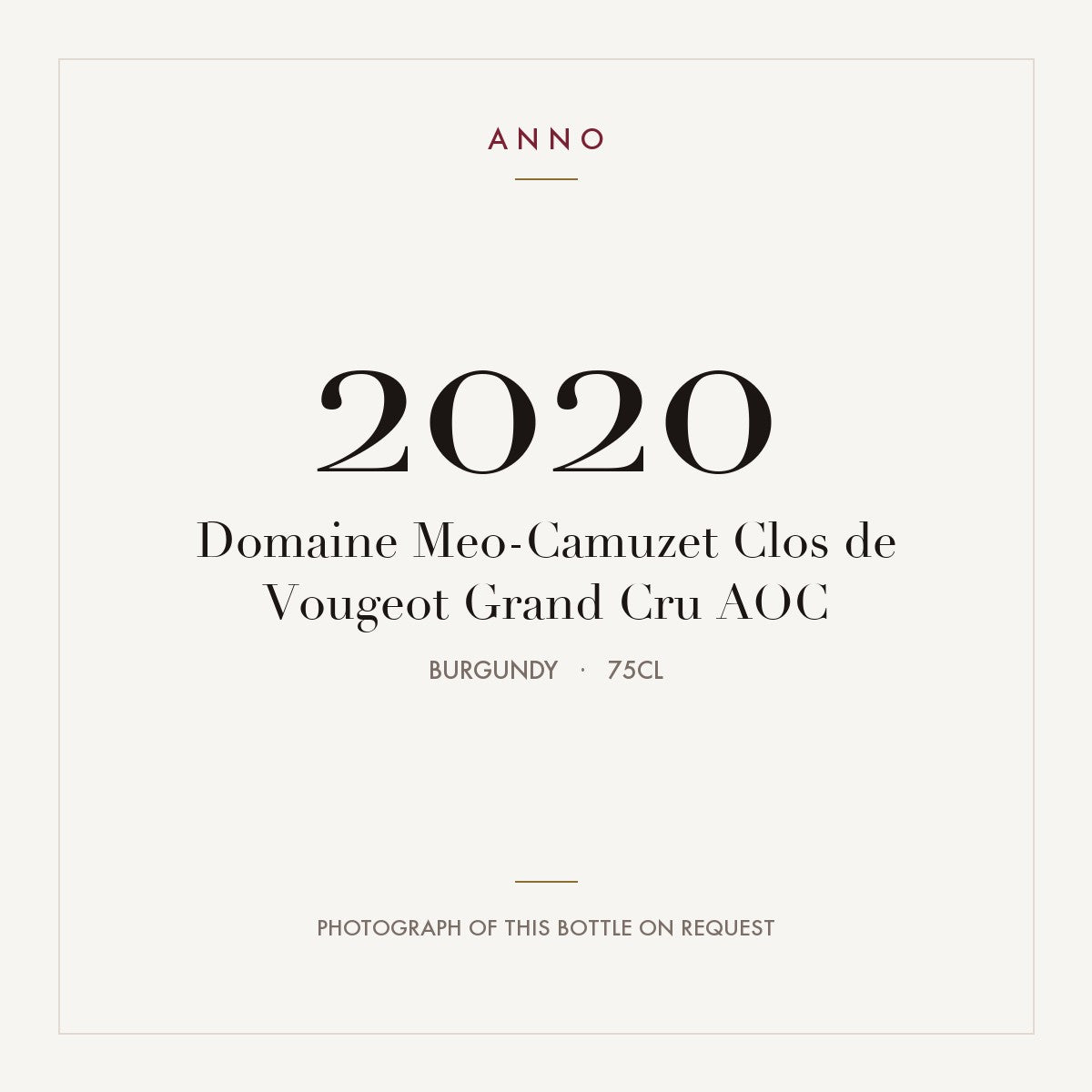 Domaine Meo-Camuzet Clos de Vougeot Grand Cru 2020 AOC 0,75l, Bourgogne — ANNO-jaargangkaart; foto van de echte fles op aanvraag